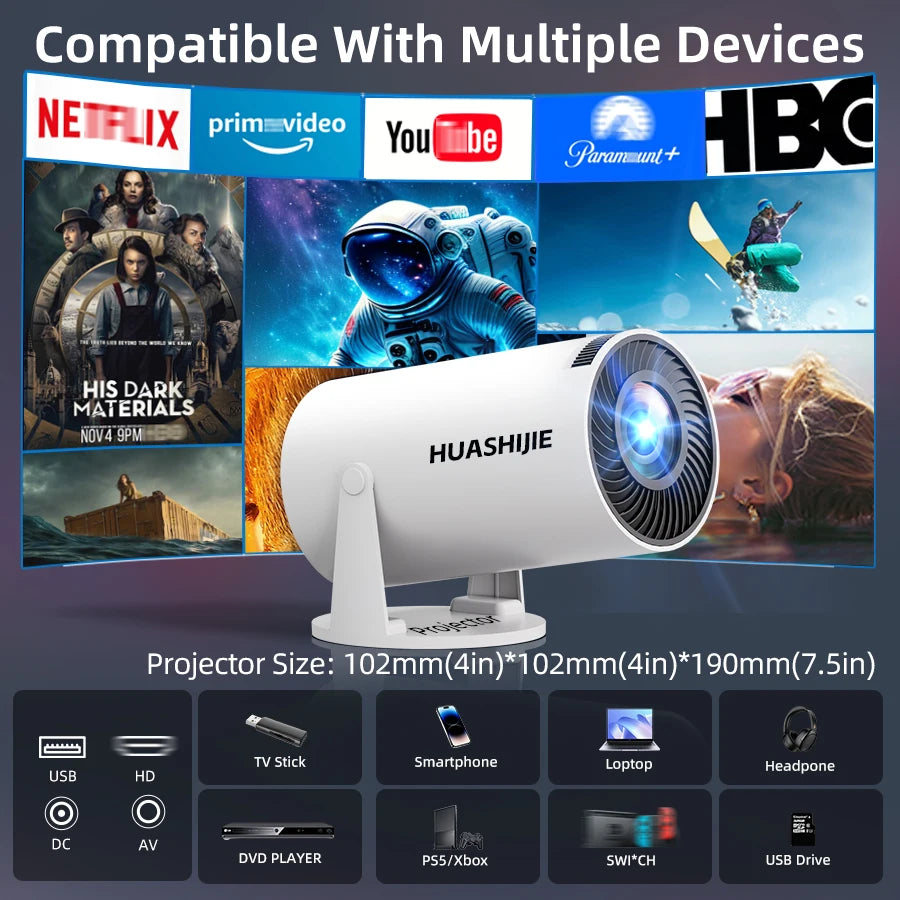 4K home theater projector, built-in WiFi, screen mirroring from phones, no screen needed. Suitable for bedroom, student. Built-in Android system, speaker. Fast local shipping. Gifts for Mother's Day, Father's Day, and Childre