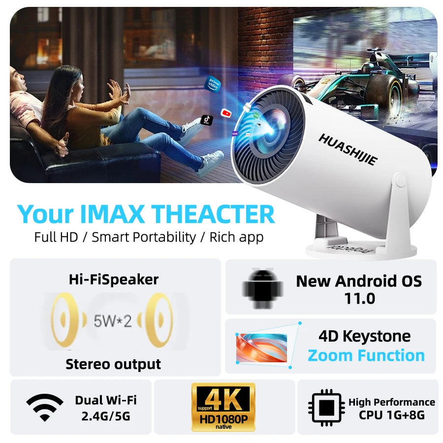 4K home theater projector, built-in WiFi, screen mirroring from phones, no screen needed. Suitable for bedroom, student. Built-in Android system, speaker. Fast local shipping. Gifts for Mother's Day, Father's Day, and Childre