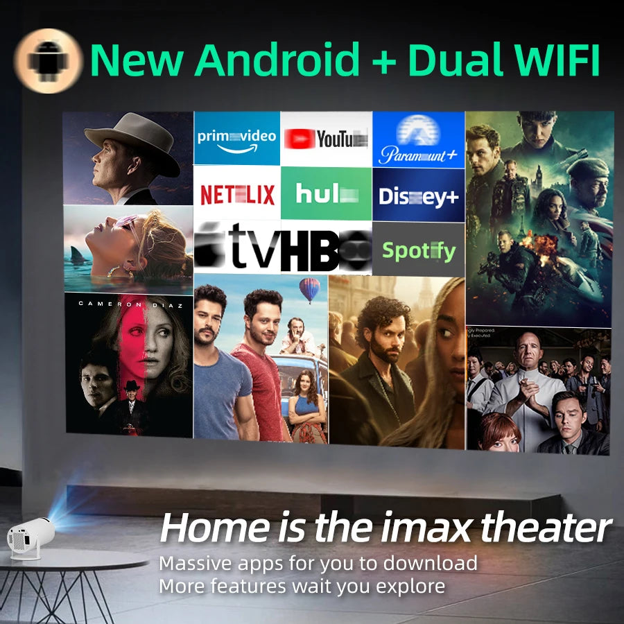 4K home theater projector, built-in WiFi, screen mirroring from phones, no screen needed. Suitable for bedroom, student. Built-in Android system, speaker. Fast local shipping. Gifts for Mother's Day, Father's Day, and Childre